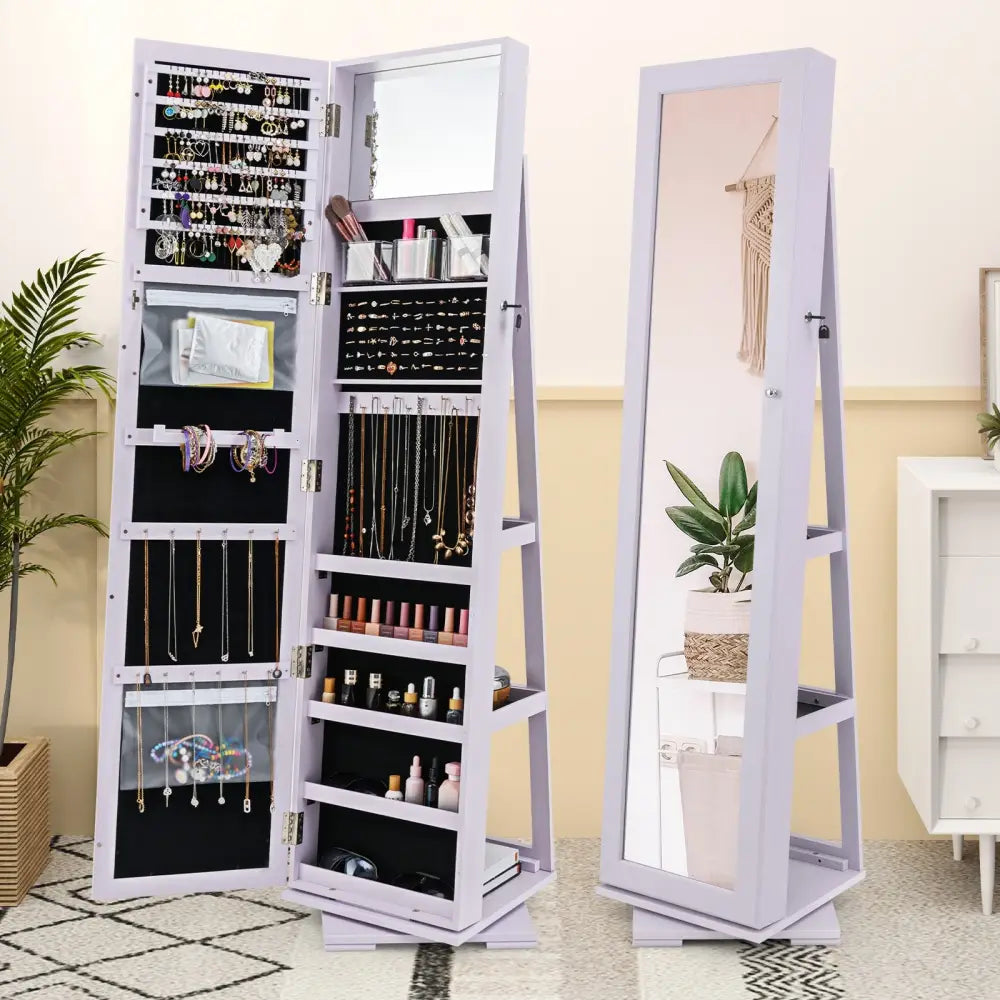 360° Rotatable 2-in-1 Lockable Jewelry Cabinet with Full-Length Mirror-Purple - Purple - Jewelry Armoires