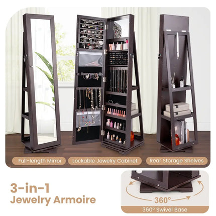 360° Rotatable 2-in-1 Lockable Jewelry Cabinet with Full-Length Mirror-Dark Brown Costway