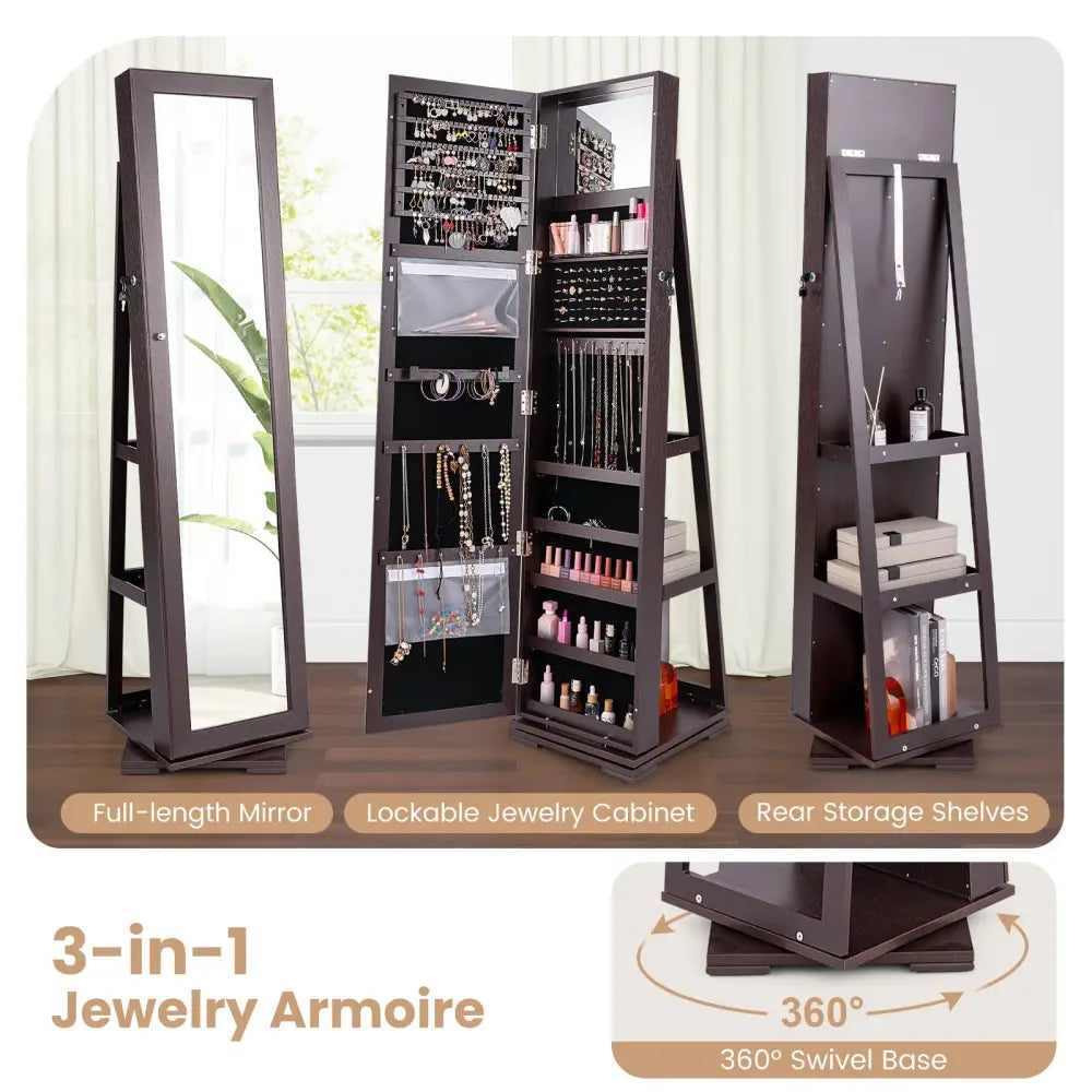 360° Rotatable 2-in-1 Lockable Jewelry Cabinet with Full-Length Mirror-Dark Brown Costway