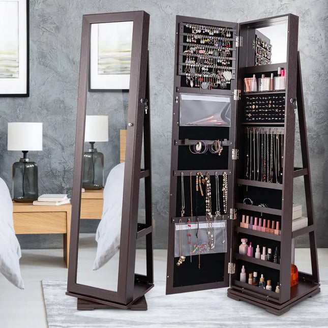 Brown jewelry armoire with mirror in a bedroom setting