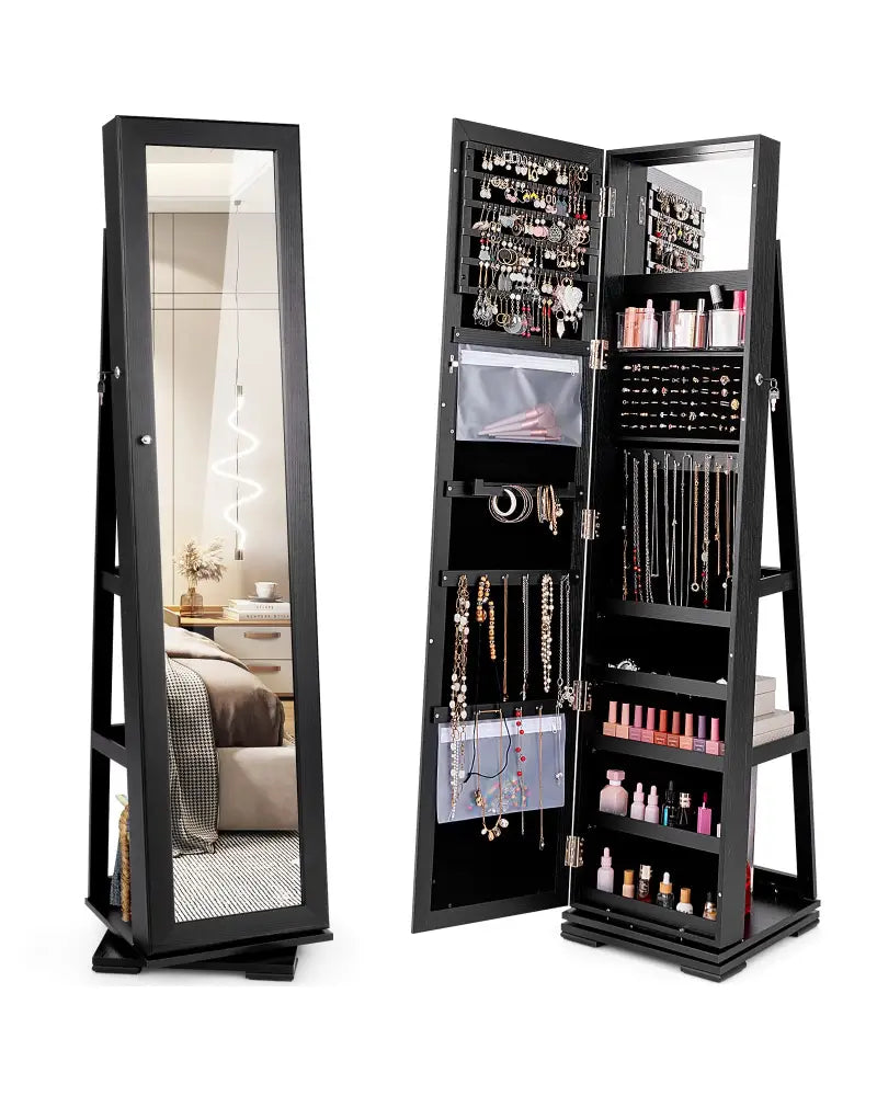 360° Rotatable 2-in-1 Lockable Jewelry Cabinet with Full-Length Mirror-Black - Black - Jewelry Armoires