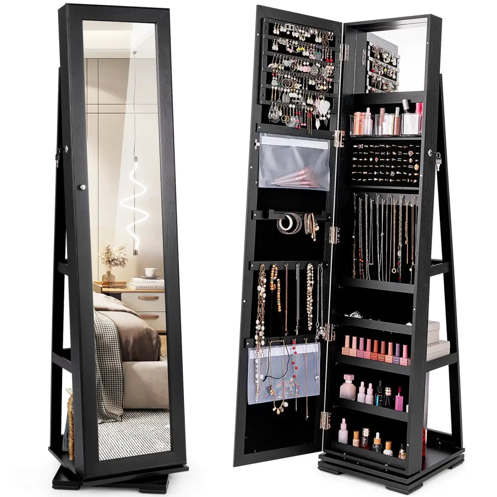 360° Rotatable 2-in-1 Lockable Jewelry Cabinet with Full-Length Mirror-Black - Black - Jewelry Armoires