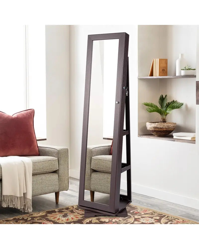 360° Rotatable 2-in-1 Lockable Jewelry Cabinet with Full-Length Mirror-Dark Brown - Dark Brown - Jewelry Armoires
