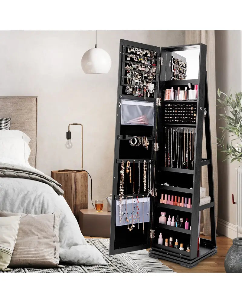 360° Rotatable 2-in-1 Lockable Jewelry Cabinet with Full-Length Mirror-Black - Black - Jewelry Armoires