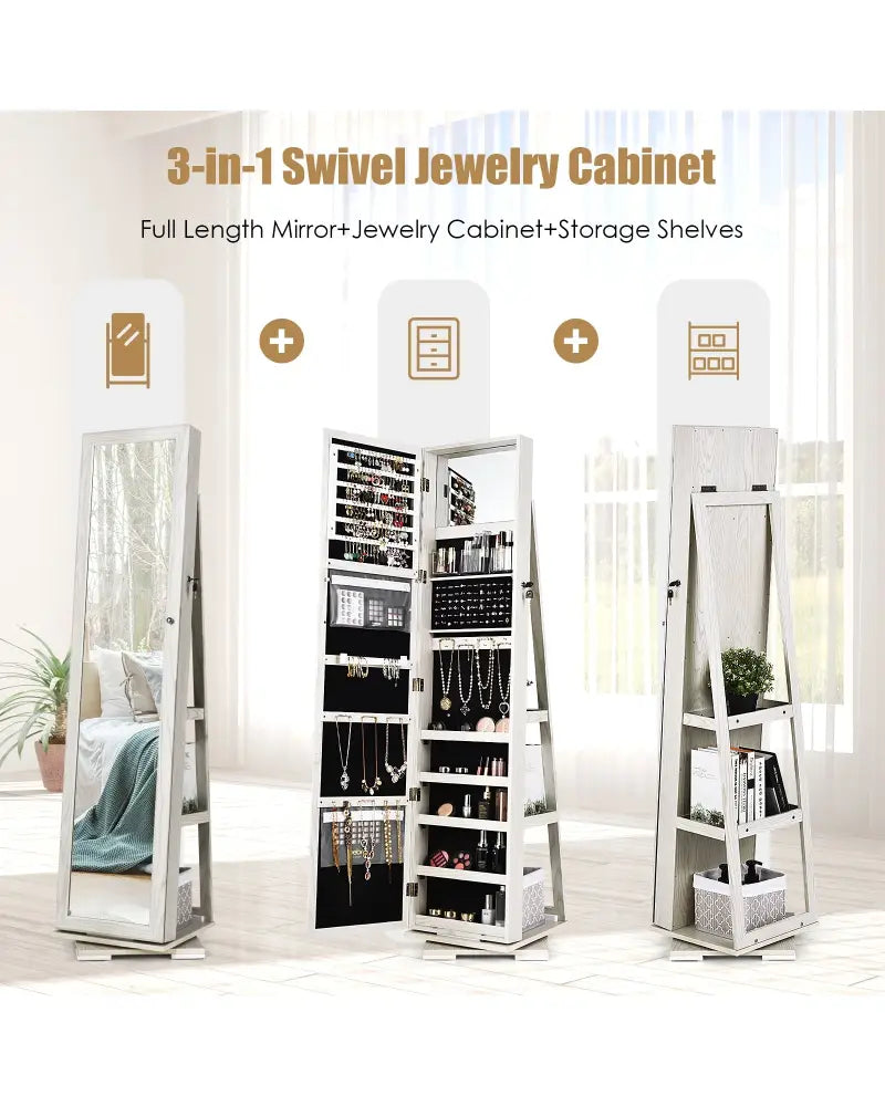 360° Rotatable 2-in-1 Lockable Jewelry Cabinet with Full-Length Mirror-White - White - Jewelry Armoires