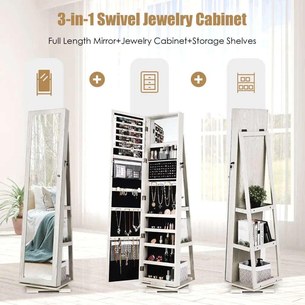 360° Rotatable 2-in-1 Lockable Jewelry Cabinet with Full-Length Mirror-White - White - Jewelry Armoires