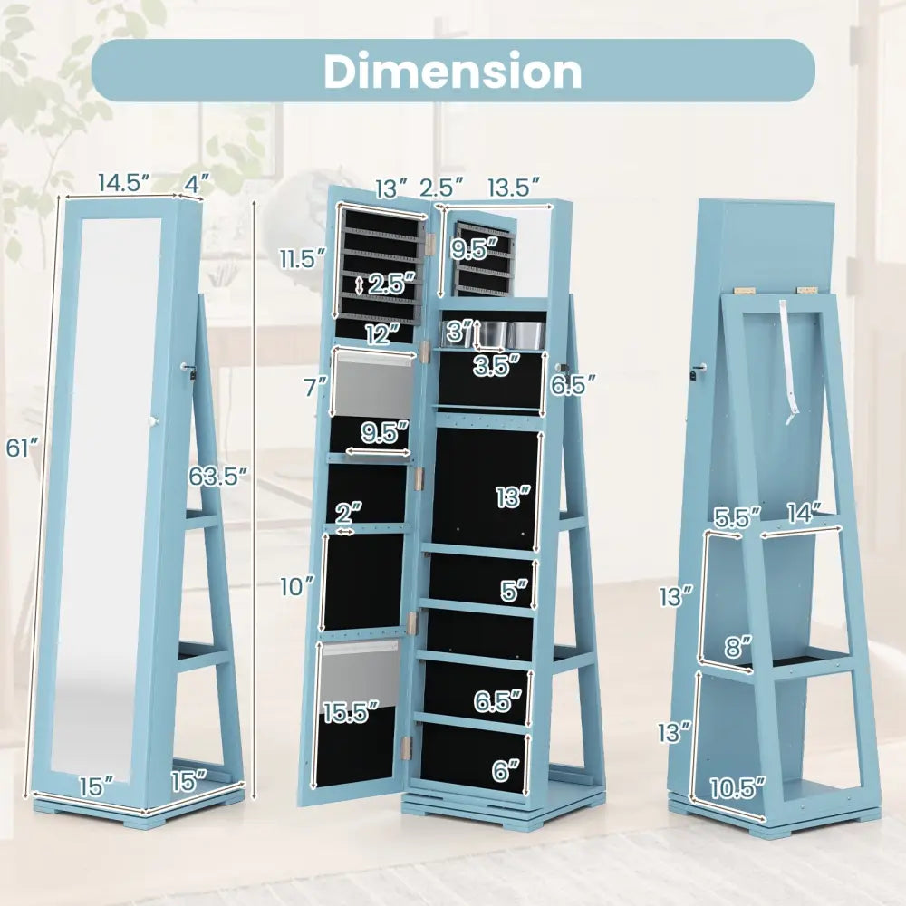 360° Rotatable 2-in-1 Lockable Jewelry Cabinet with Full-Length Mirror-Blue - Blue - Jewelry Armoires