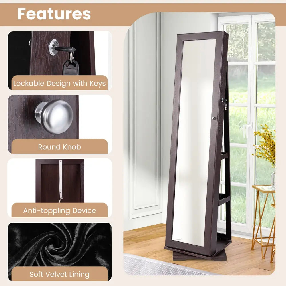 360° Rotatable 2-in-1 Lockable Jewelry Cabinet with Full-Length Mirror-Dark Brown - Dark Brown - Jewelry Armoires