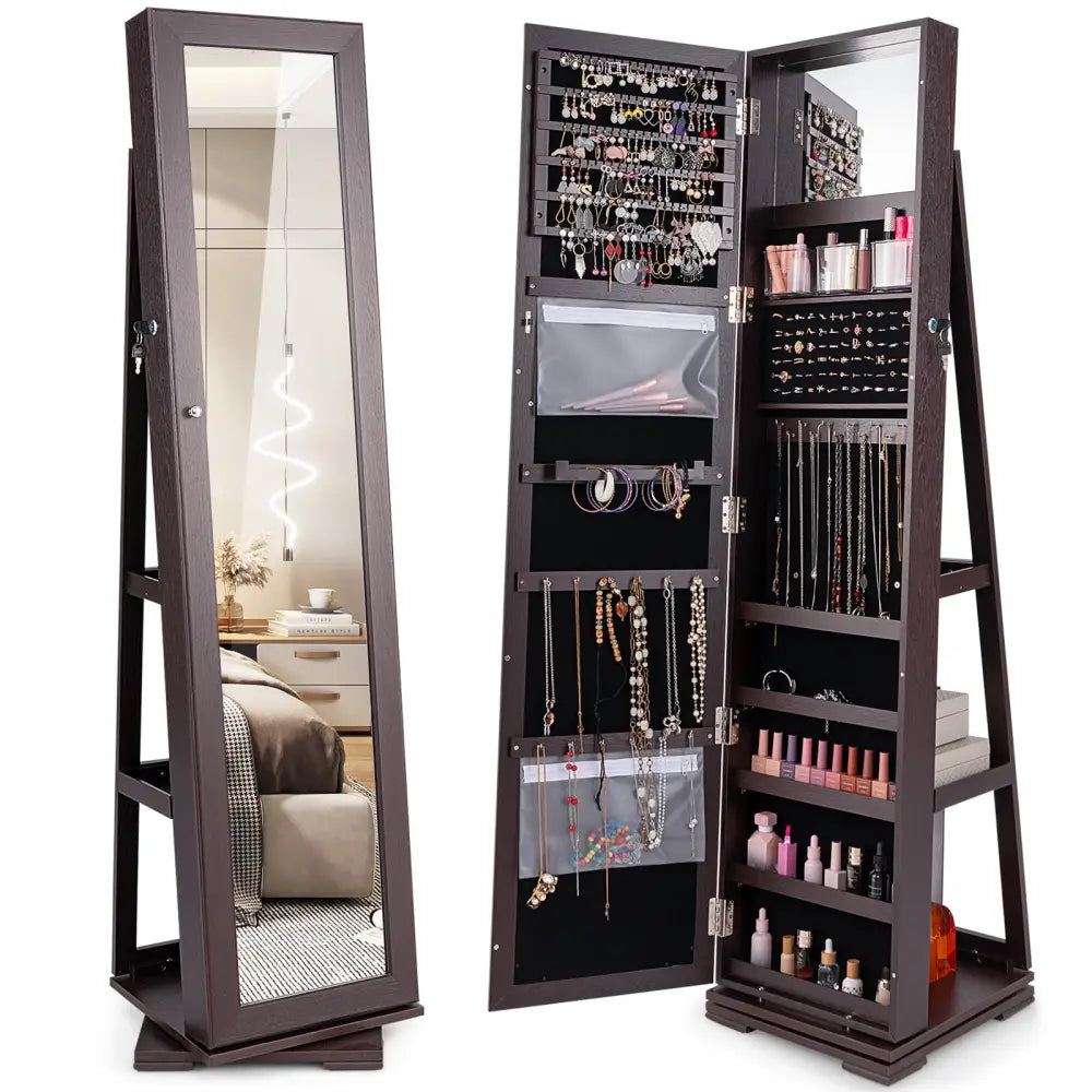 360° Rotatable 2-in-1 Lockable Jewelry Cabinet with Full-Length Mirror-Dark Brown - Dark Brown - Jewelry Armoires