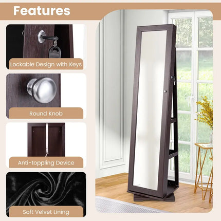 360° Rotatable 2-in-1 Lockable Jewelry Cabinet with Full-Length Mirror-Dark Brown Costway