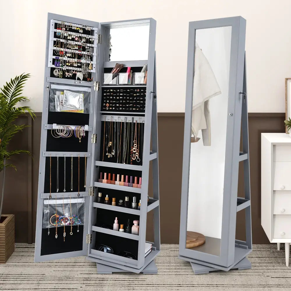 360° Rotatable 2-in-1 Lockable Jewelry Cabinet with Full-Length Mirror-Gray - Gray - Jewelry Armoires