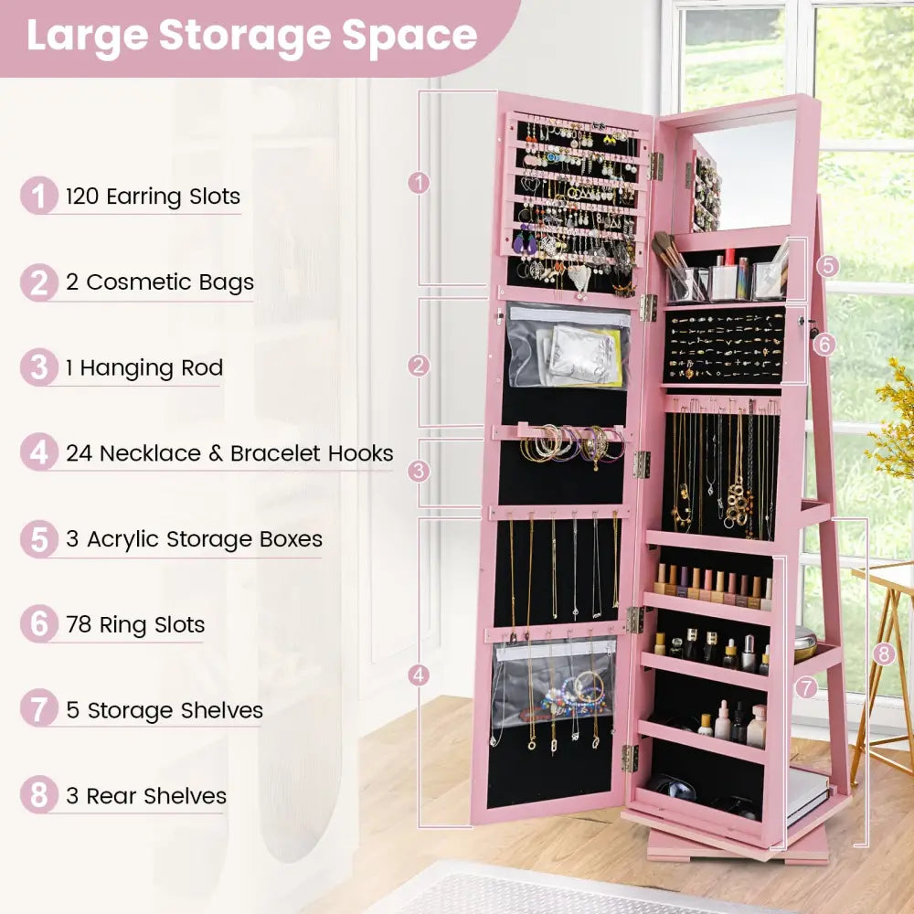 360° Rotatable 2-in-1 Lockable Jewelry Cabinet with Full-Length Mirror-Pink - Pink - Jewelry Armoires