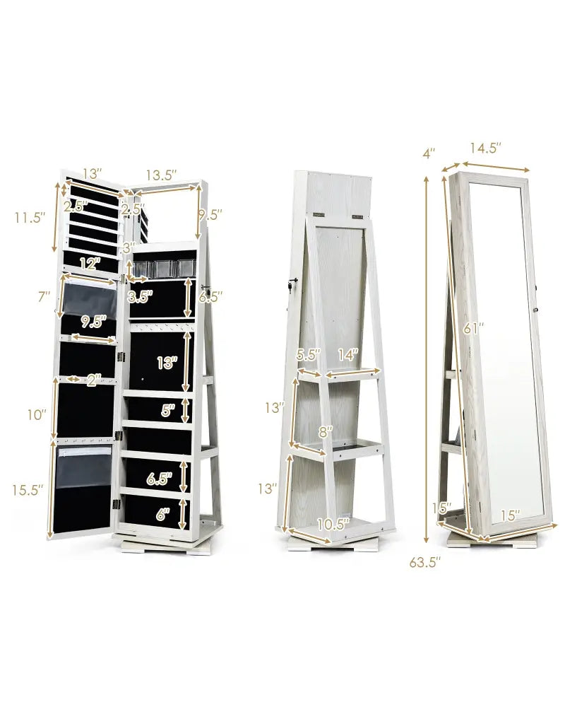 360° Rotatable 2-in-1 Lockable Jewelry Cabinet with Full-Length Mirror-White - White - Jewelry Armoires