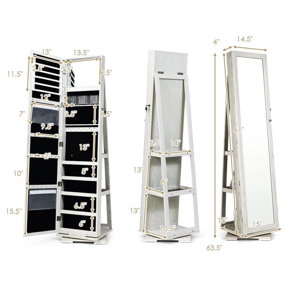 360° Rotatable 2-in-1 Lockable Jewelry Cabinet with Full-Length Mirror-White - White - Jewelry Armoires
