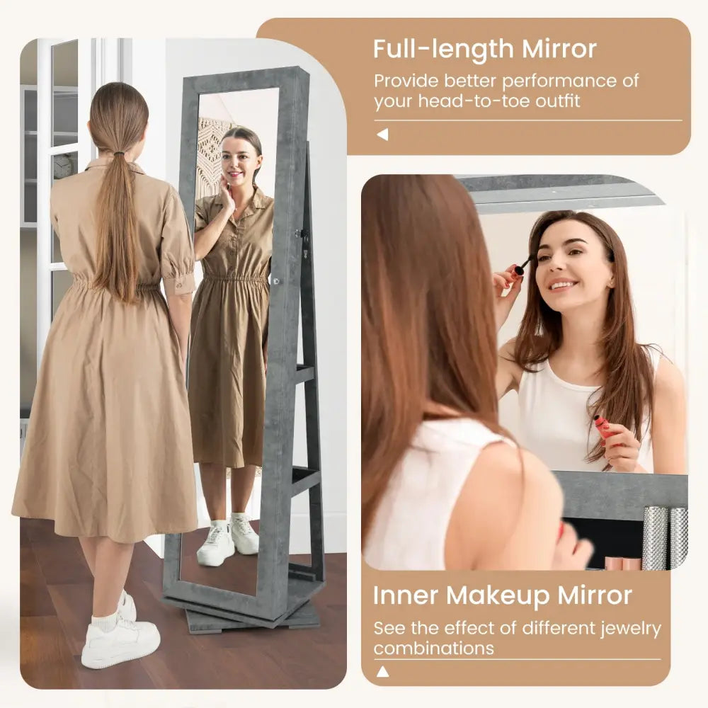 360° Rotatable 2-in-1 Lockable Jewelry Cabinet with Full-Length Mirror-Green - Green - Jewelry Armoires