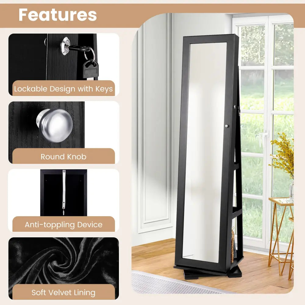 360° Rotatable 2-in-1 Lockable Jewelry Cabinet with Full-Length Mirror-Black - Black - Jewelry Armoires