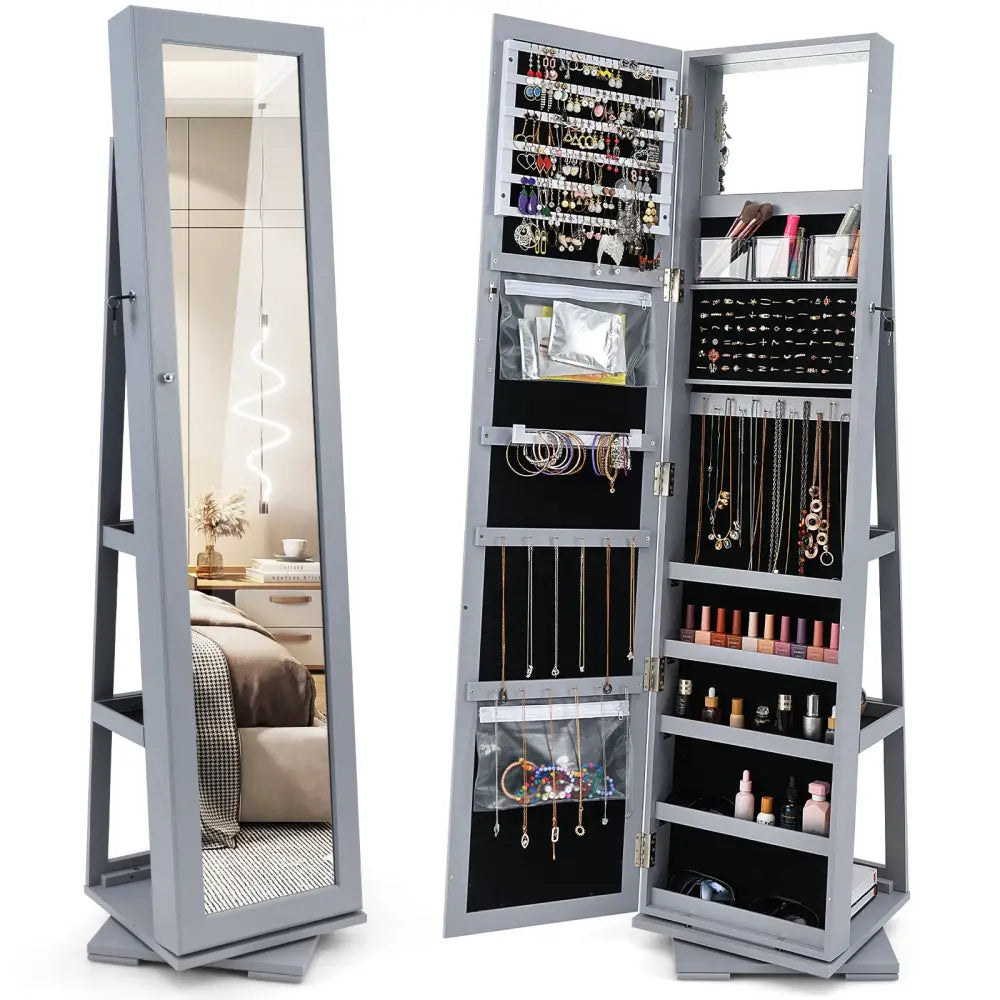 360° Rotatable 2-in-1 Lockable Jewelry Cabinet with Full-Length Mirror-Gray - Gray - Jewelry Armoires