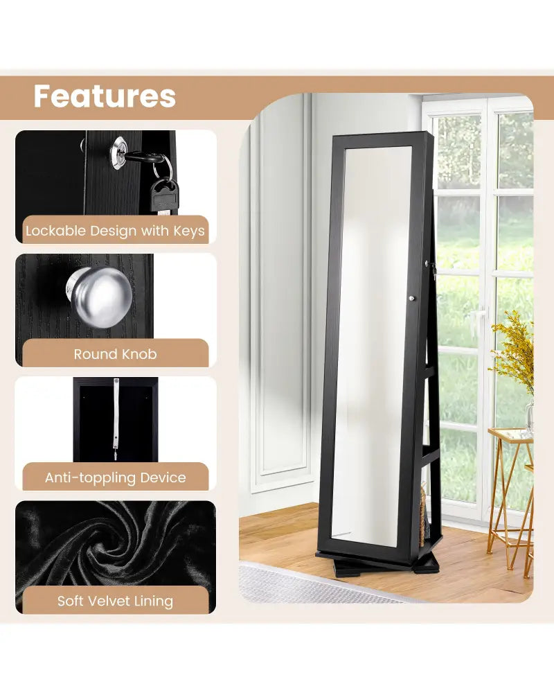 360° Rotatable 2-in-1 Lockable Jewelry Cabinet with Full-Length Mirror-Black - Black - Jewelry Armoires