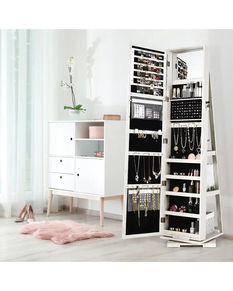 360° Rotatable 2-in-1 Lockable Jewelry Cabinet with Full-Length Mirror-White - White - Jewelry Armoires