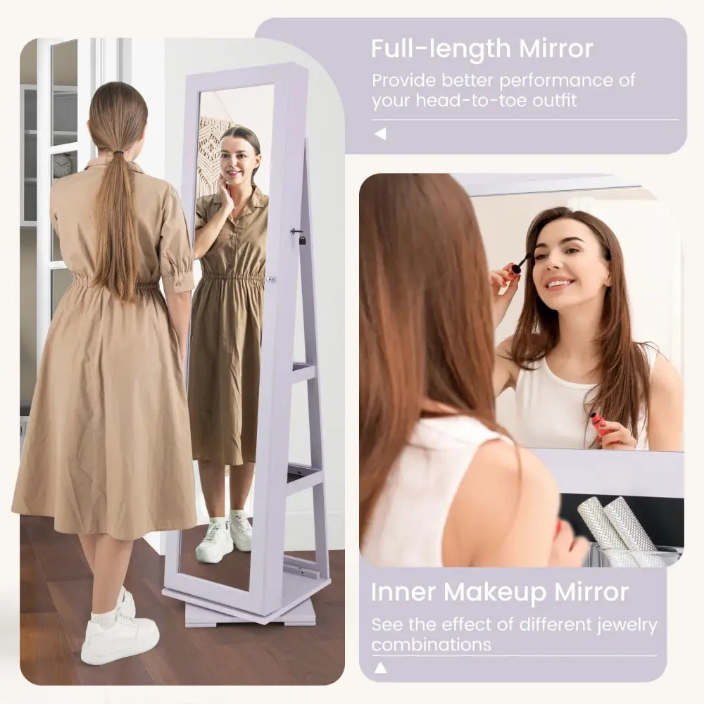 360° Rotatable 2-in-1 Lockable Jewelry Cabinet with Full-Length Mirror-Purple - Purple - Jewelry Armoires