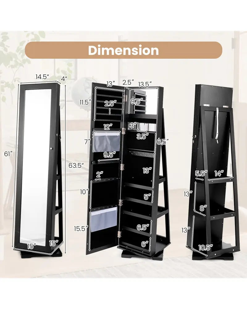 360° Rotatable 2-in-1 Lockable Jewelry Cabinet with Full-Length Mirror-Black - Black - Jewelry Armoires