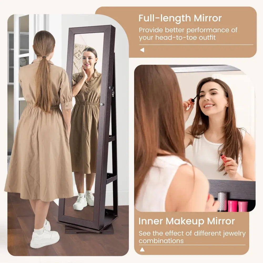 360° Rotatable 2-in-1 Lockable Jewelry Cabinet with Full-Length Mirror-Dark Brown Costway