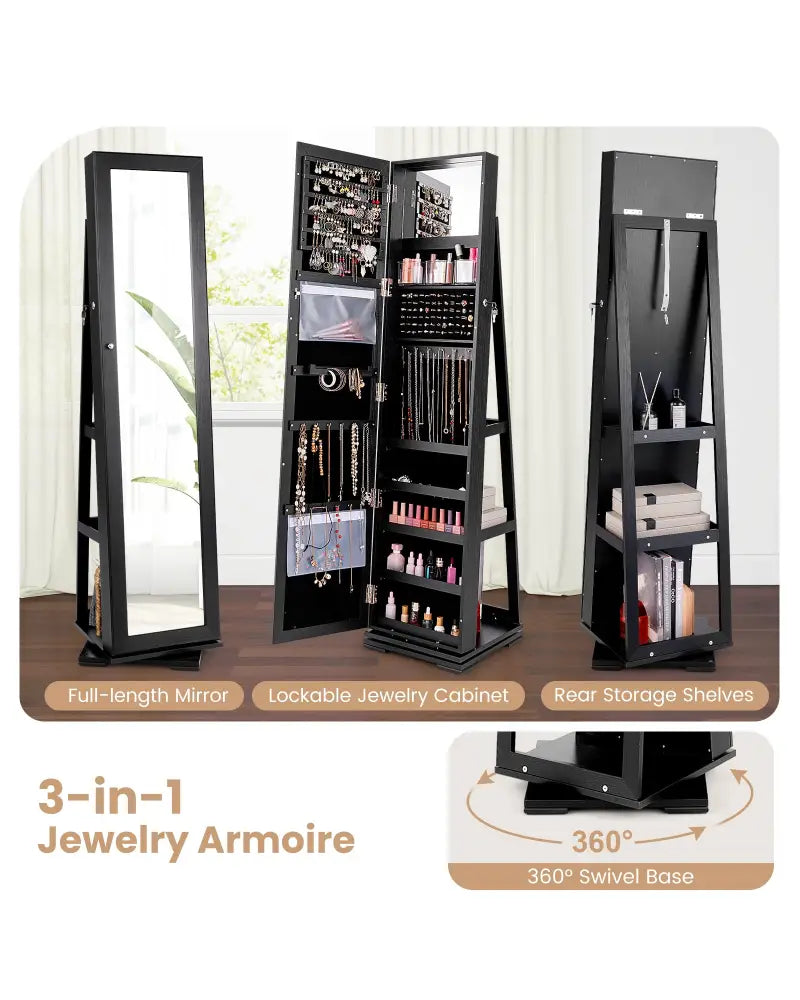 360° Rotatable 2-in-1 Lockable Jewelry Cabinet with Full-Length Mirror-Black - Black - Jewelry Armoires