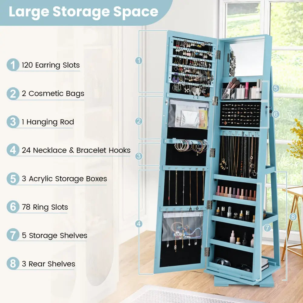 360° Rotatable 2-in-1 Lockable Jewelry Cabinet with Full-Length Mirror-Blue - Blue - Jewelry Armoires