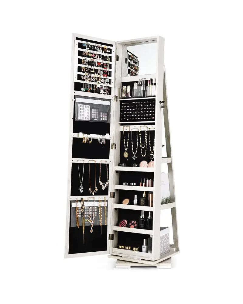 360° Rotatable 2-in-1 Lockable Jewelry Cabinet with Full-Length Mirror-White - White - Jewelry Armoires