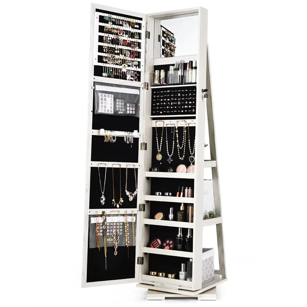 360° Rotatable 2-in-1 Lockable Jewelry Cabinet with Full-Length Mirror-White - White - Jewelry Armoires