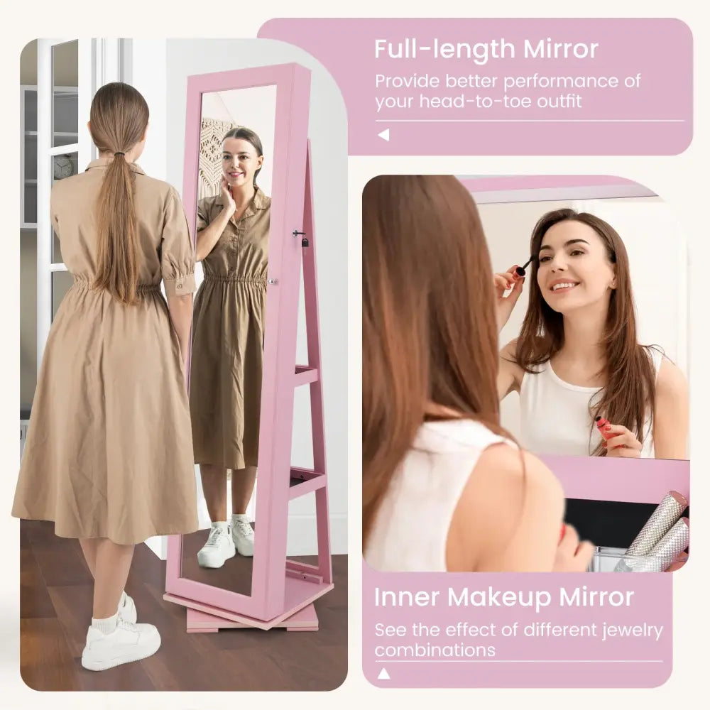 360° Rotatable 2-in-1 Lockable Jewelry Cabinet with Full-Length Mirror-Pink - Pink - Jewelry Armoires