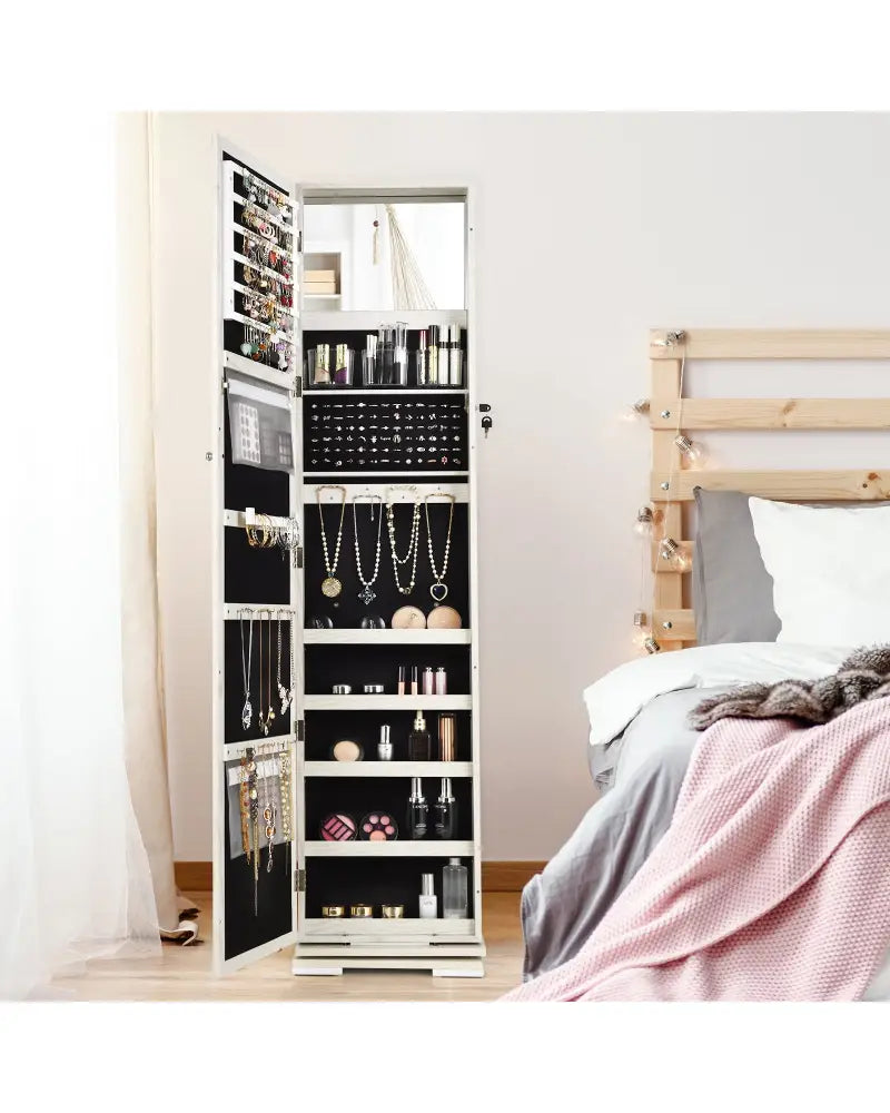 360° Rotatable 2-in-1 Lockable Jewelry Cabinet with Full-Length Mirror-White - White - Jewelry Armoires