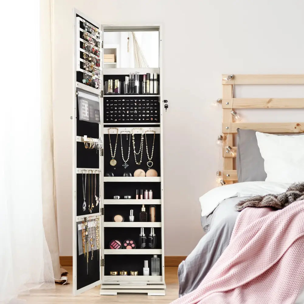 360° Rotatable 2-in-1 Lockable Jewelry Cabinet with Full-Length Mirror-White - White - Jewelry Armoires