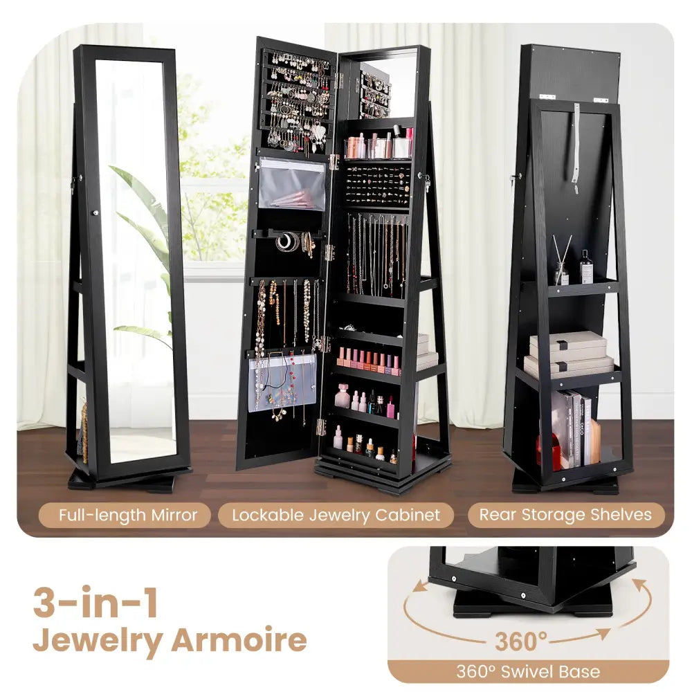 360° Rotatable 2-in-1 Lockable Jewelry Cabinet with Full-Length Mirror-Black - Black - Jewelry Armoires