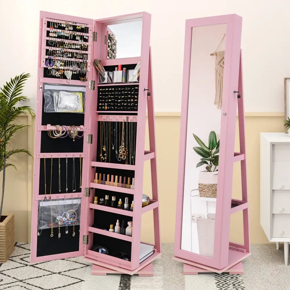360° Rotatable 2-in-1 Lockable Jewelry Cabinet with Full-Length Mirror-Pink - Pink - Jewelry Armoires