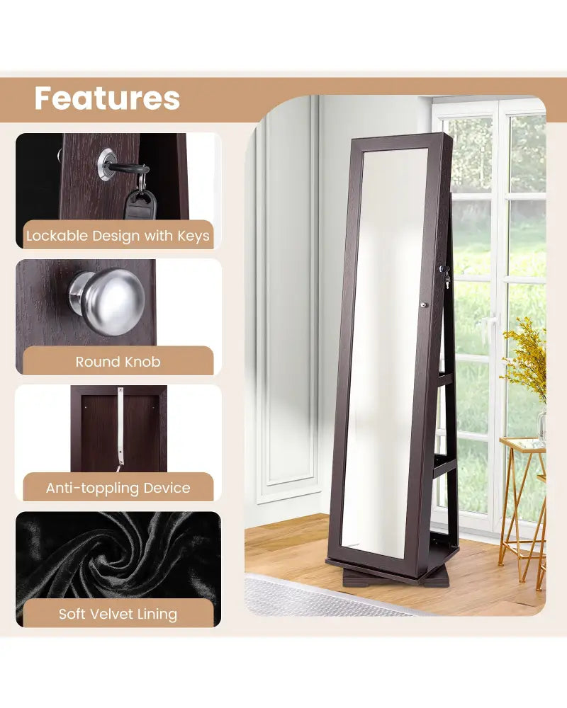 360° Rotatable 2-in-1 Lockable Jewelry Cabinet with Full-Length Mirror-Dark Brown - Dark Brown - Jewelry Armoires