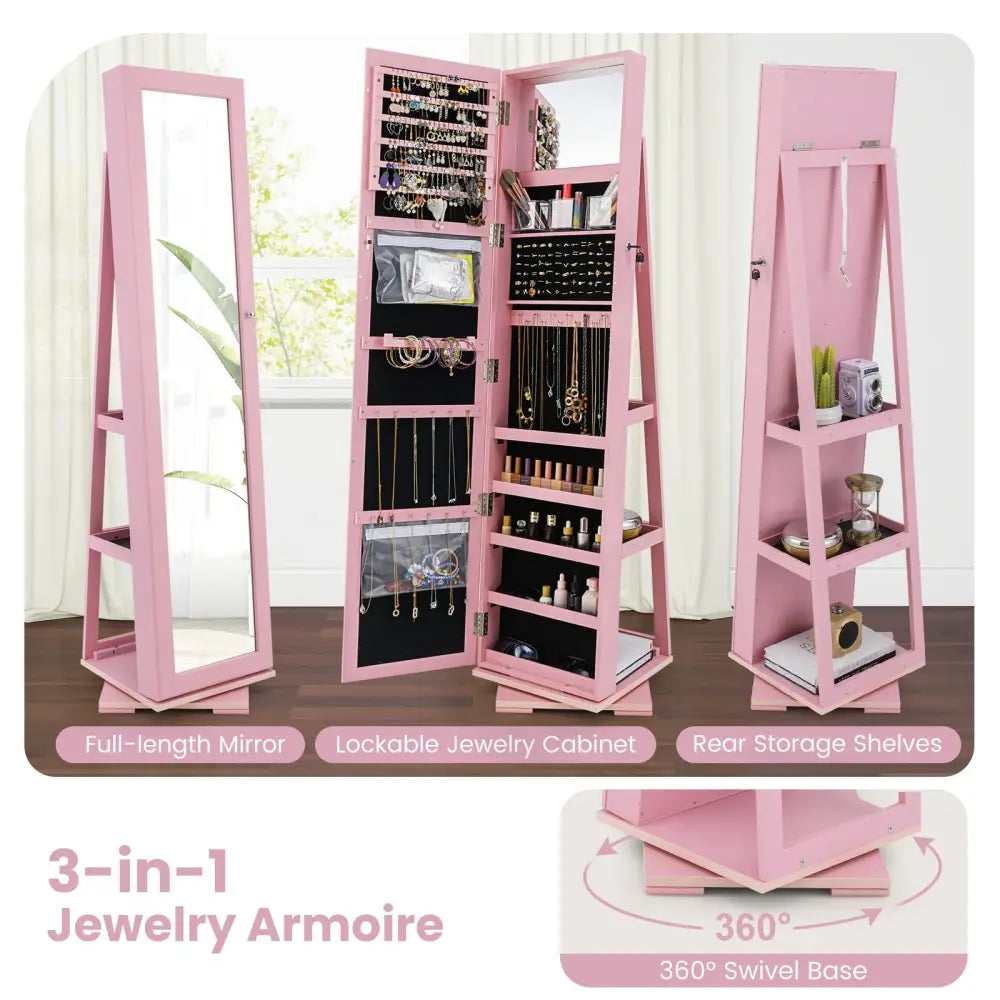 360° Rotatable 2-in-1 Lockable Jewelry Cabinet with Full-Length Mirror-Pink - Pink - Jewelry Armoires