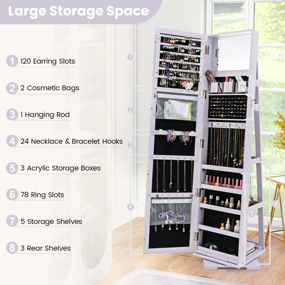 360° Rotatable 2-in-1 Lockable Jewelry Cabinet with Full-Length Mirror-Purple - Purple - Jewelry Armoires
