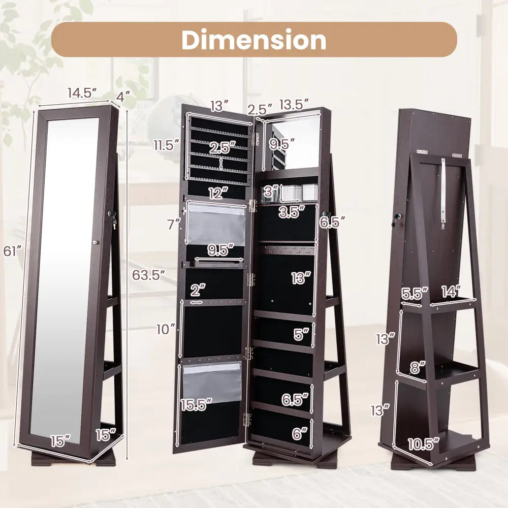 360° Rotatable 2-in-1 Lockable Jewelry Cabinet with Full-Length Mirror-Dark Brown - Dark Brown - Jewelry Armoires