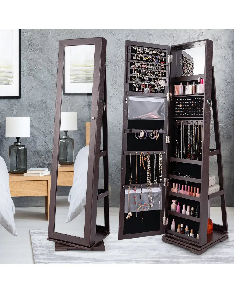 360° Rotatable 2-in-1 Lockable Jewelry Cabinet with Full-Length Mirror-Dark Brown - Dark Brown - Jewelry Armoires