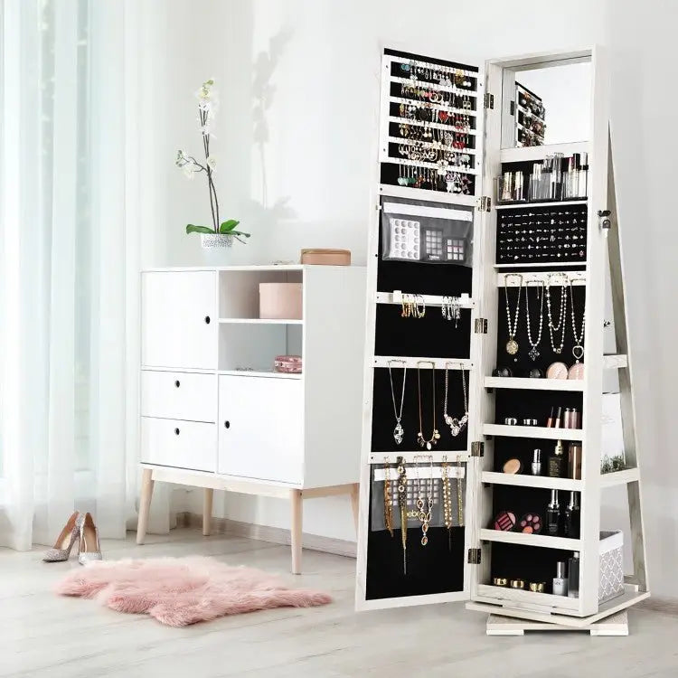 360° Rotatable 2 in 1 Lockable Jewelry Cabinet with Full Length Mirror - White - Oasis Home Essentials