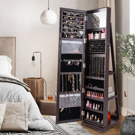 Jewelry organizer with mirror in a bedroom setting