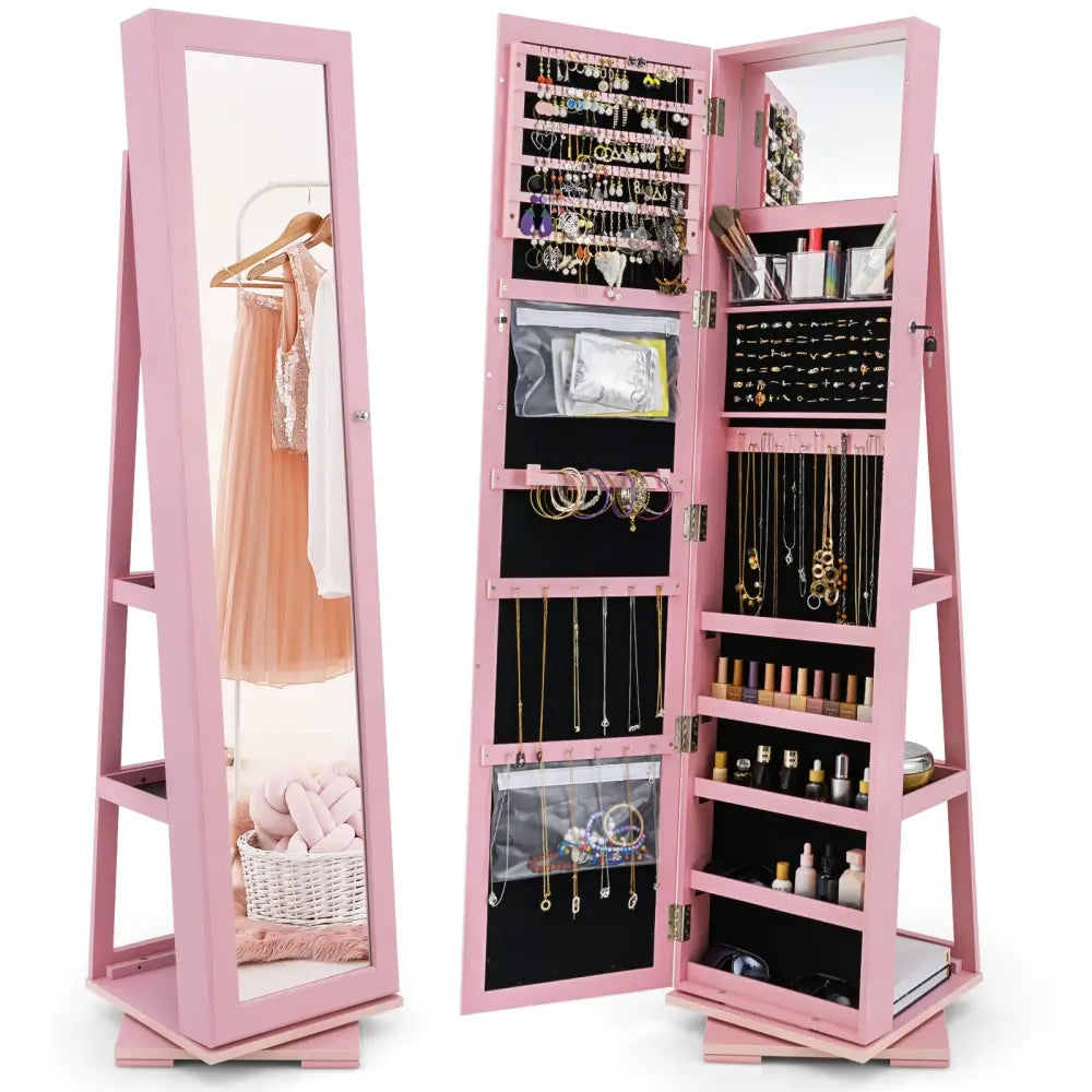 360° Rotatable 2-in-1 Lockable Jewelry Cabinet with Full-Length Mirror-Pink - Pink - Jewelry Armoires