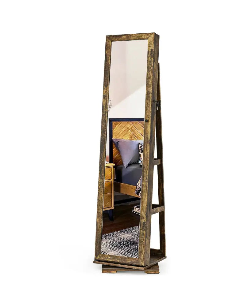 360° Rotatable Armoire 2-in-1 Lockable Mirrored Jewelry Cabinet-Rustic Brown - Rustic Brown - Jewelry Armoires