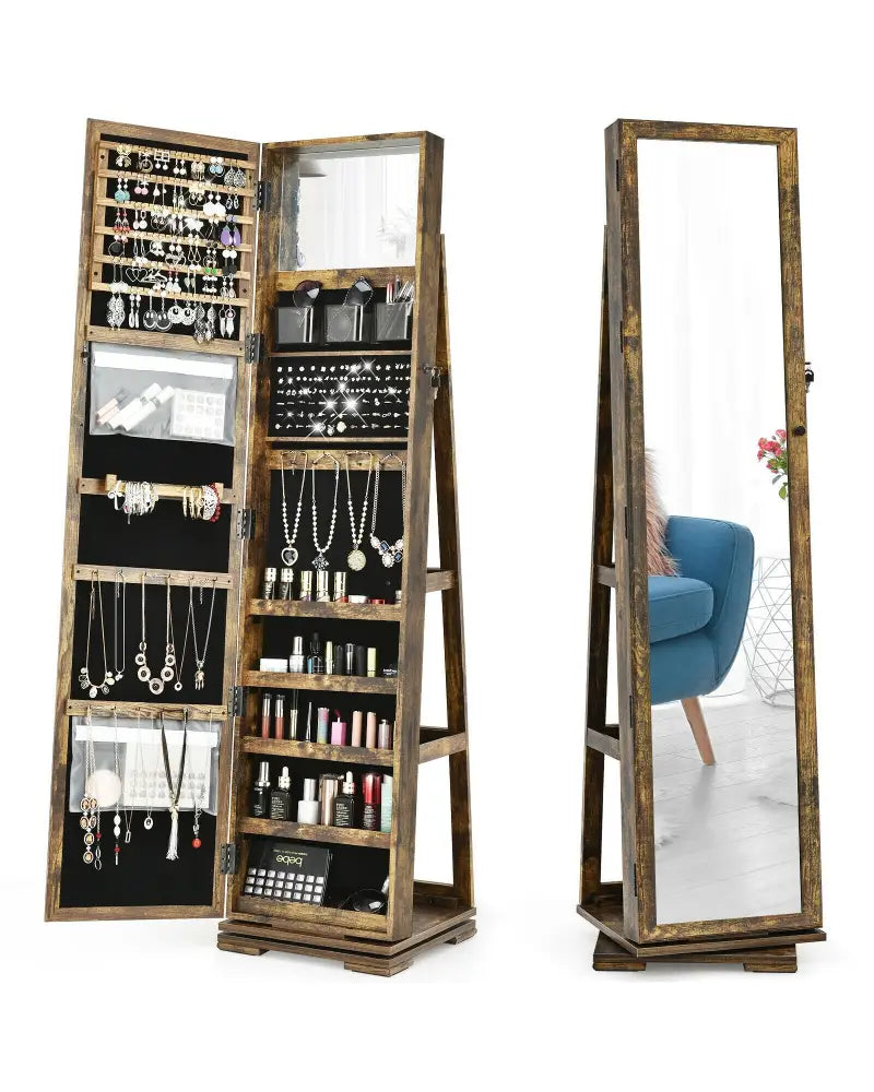 360° Rotatable Armoire 2-in-1 Lockable Mirrored Jewelry Cabinet-Rustic Brown - Rustic Brown - Jewelry Armoires