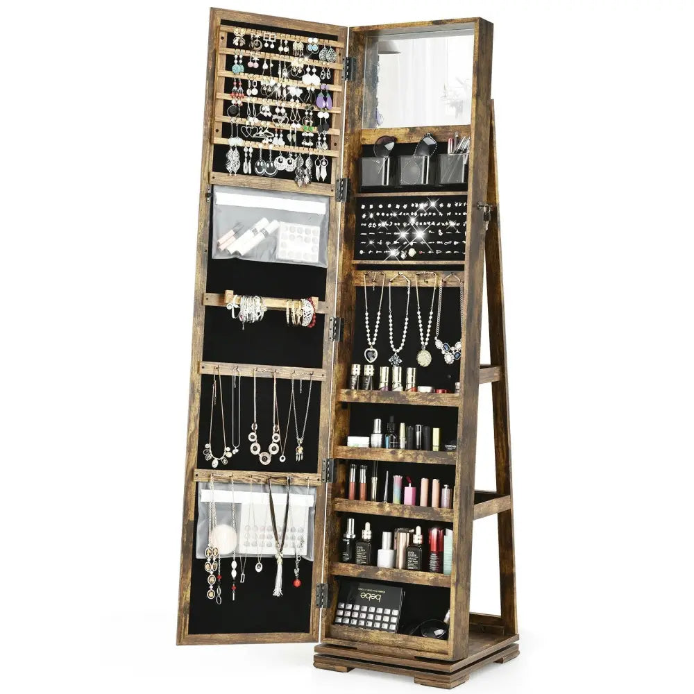 360° Rotatable Armoire 2-in-1 Lockable Mirrored Jewelry Cabinet-Rustic Brown Costway