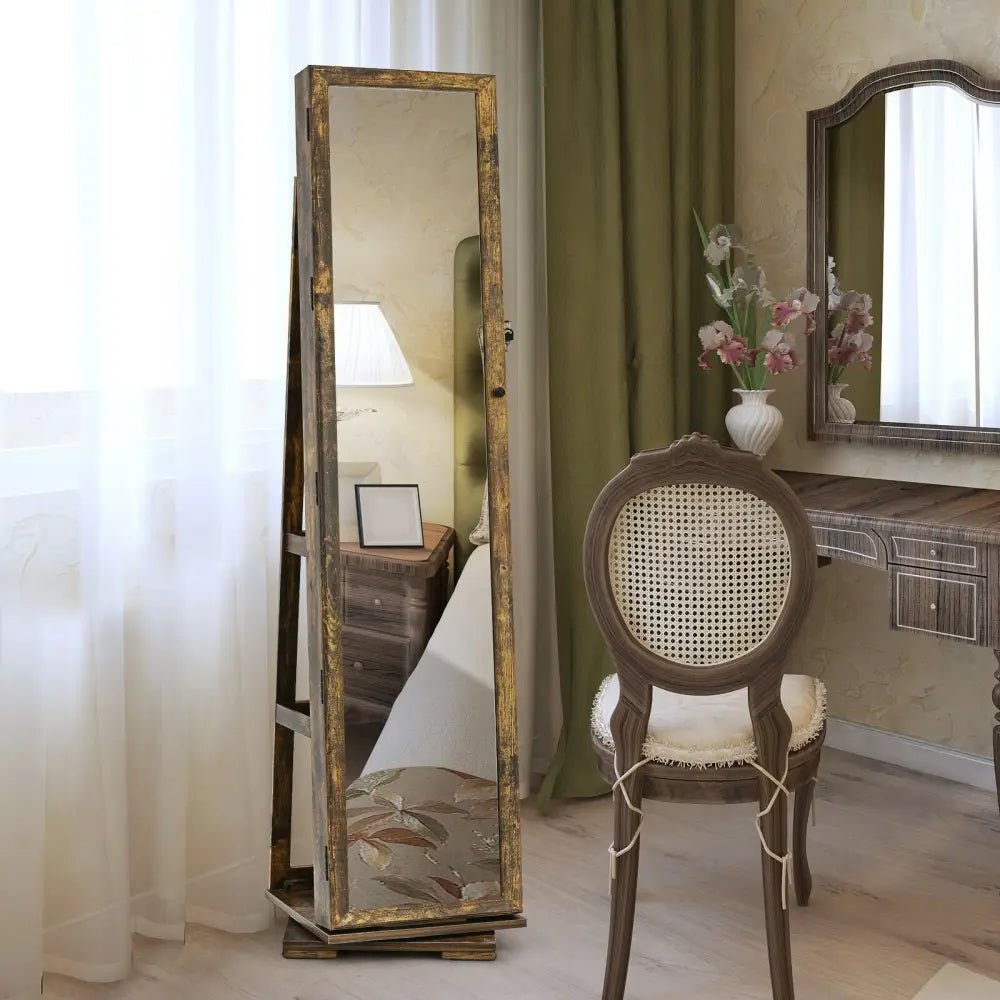Full-length mirror with wooden frame in a room with a chair and decorative elements.