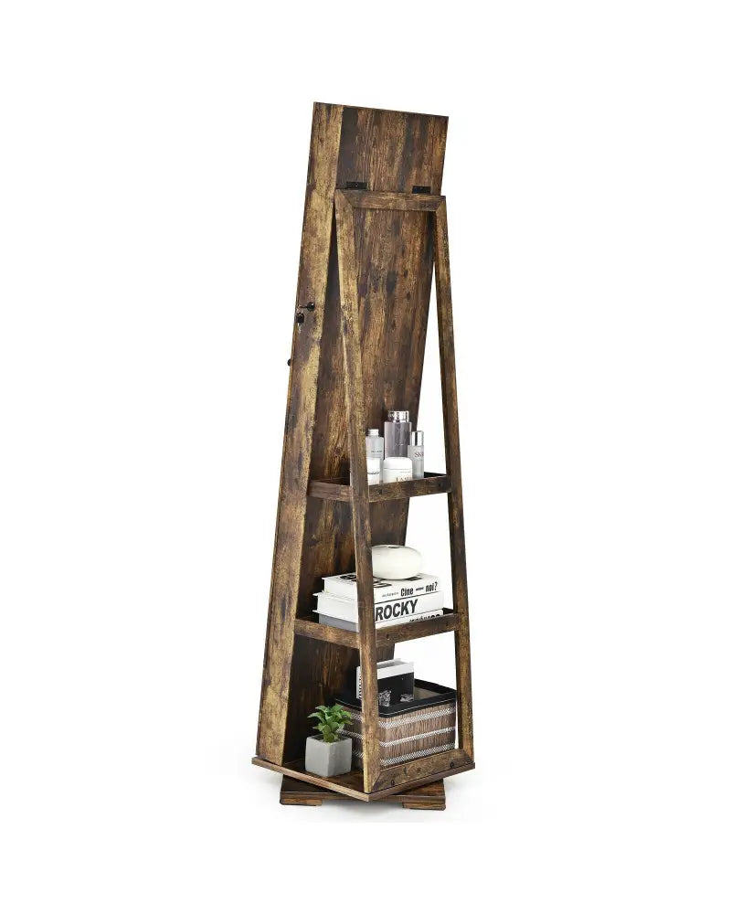 360° Rotatable Armoire 2-in-1 Lockable Mirrored Jewelry Cabinet-Rustic Brown - Rustic Brown - Jewelry Armoires