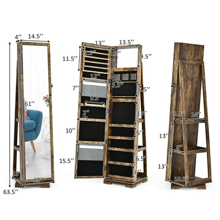 360° Rotatable Armoire 2-in-1 Lockable Mirrored Jewelry Cabinet-Rustic Brown Costway