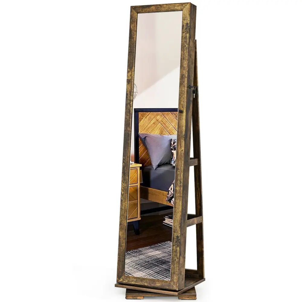 360° Rotatable Armoire 2-in-1 Lockable Mirrored Jewelry Cabinet-Rustic Brown - Rustic Brown - Jewelry Armoires